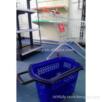 Wholesale 45L Supermarket plastic shopping basket with castors & handle